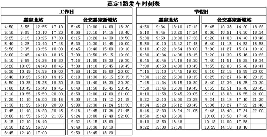 嘉定1路公交最新时刻表全面更新